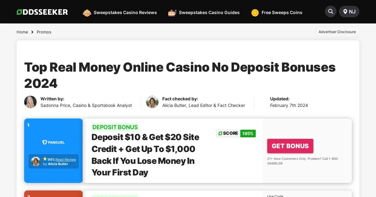 Best Real Money Online Casino No Deposit Bonuses   $775+ FREE in 2024